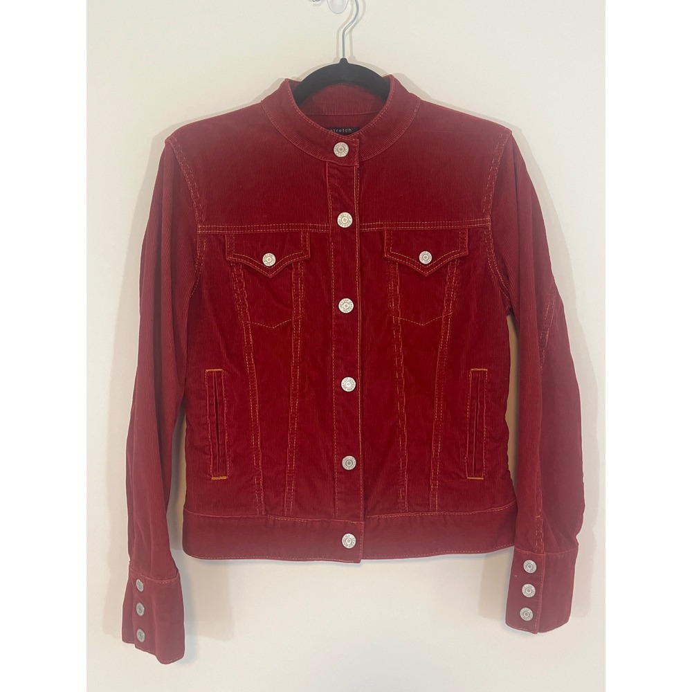 2003 Vintage Y2K Gap Red Corduroy Trucker Jacket Mandarin Collar Size Medium